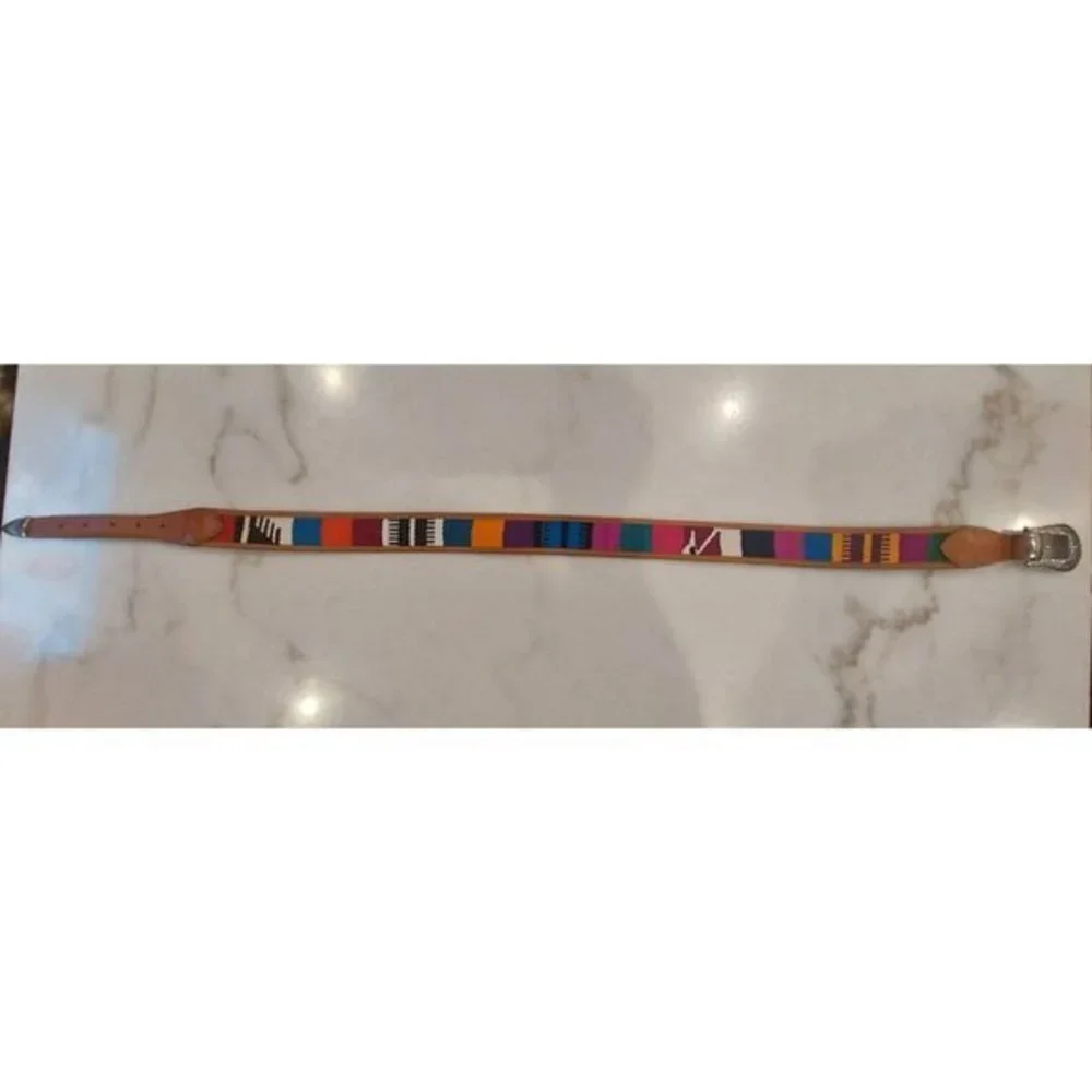 Vintage Leather Multicolor Hand Woven Weave Aztec Boho Belt 30